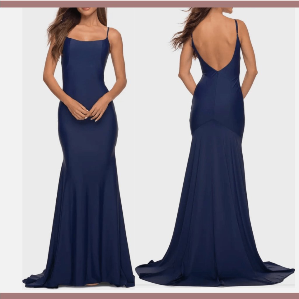 New $378 La Femme [ Size 8 ] Sleeveless Jersey Gown With Train In Blue #Q509
